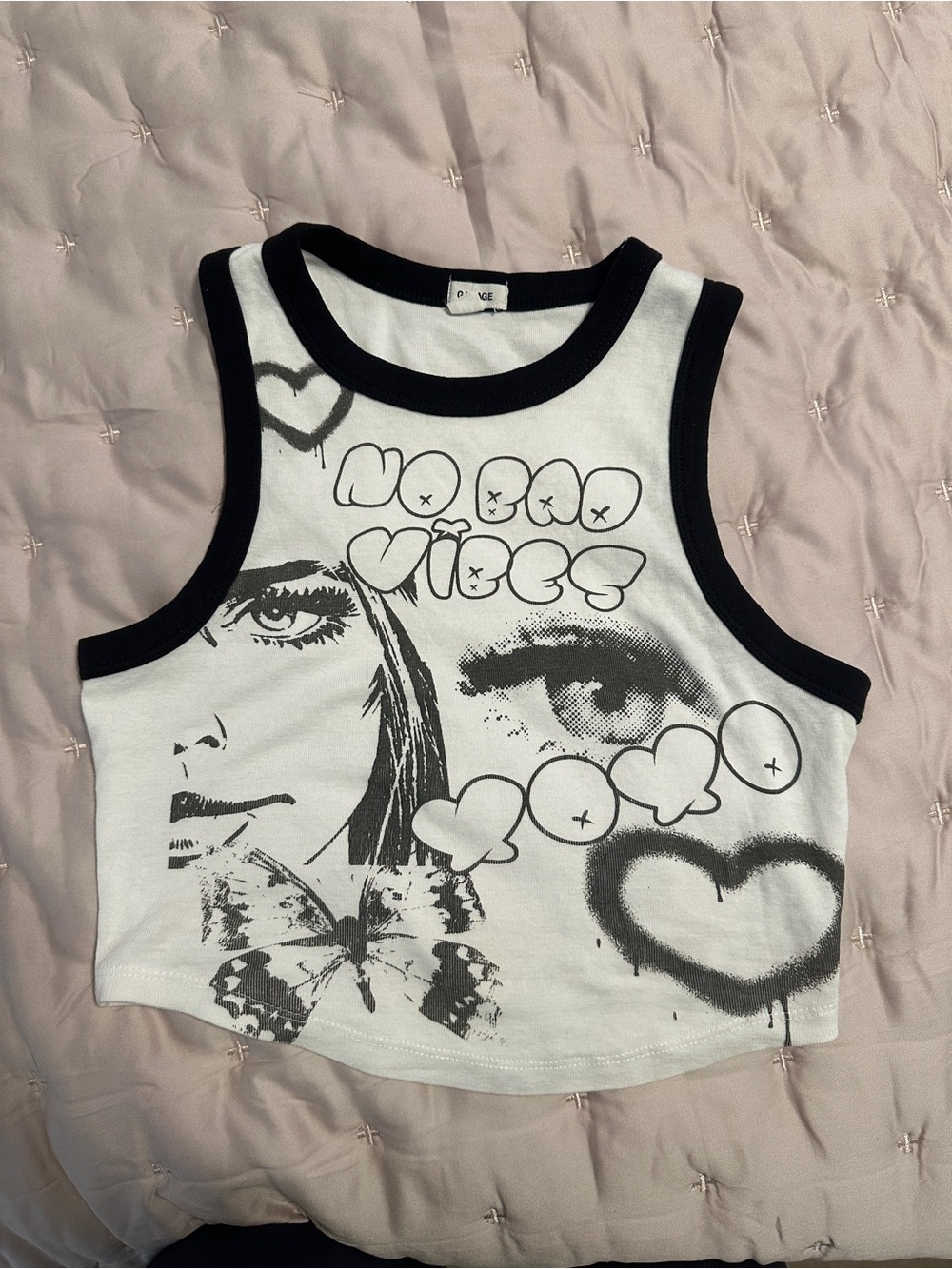 Garage White and Black Graphic Crop Tank Top
